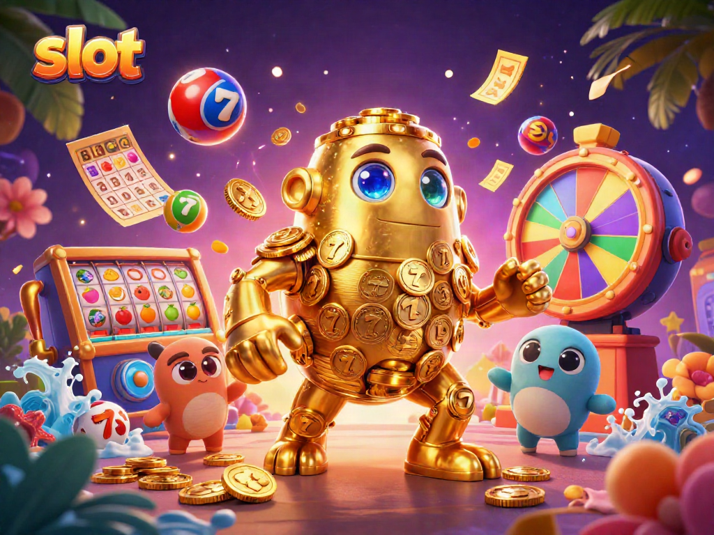 Enjoy vibrant slot games illustrated by a golden golem, lottery balls, and spinning prize wheels.
