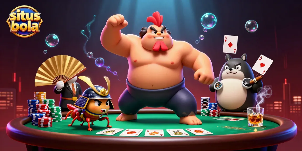 Situs bola showcases an exciting scene with a sumo wrestler, a samurai cricket, and a tanuki announcer at a vibrant poker table.