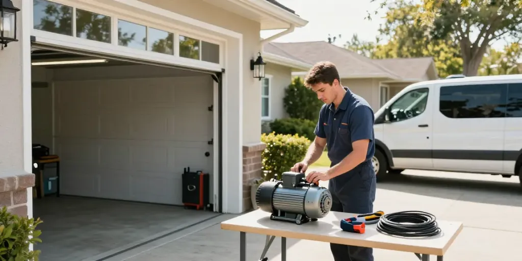 Technician performing roller door motor repair with tools in sunny Inglewood driveway.