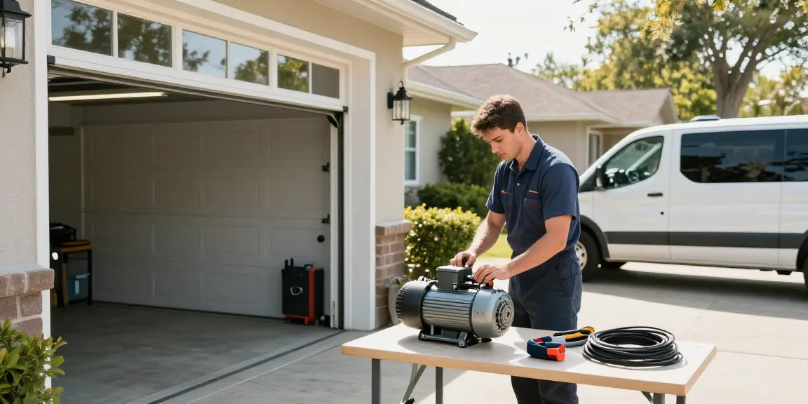 Technician performing roller door motor repair with tools in sunny Inglewood driveway.