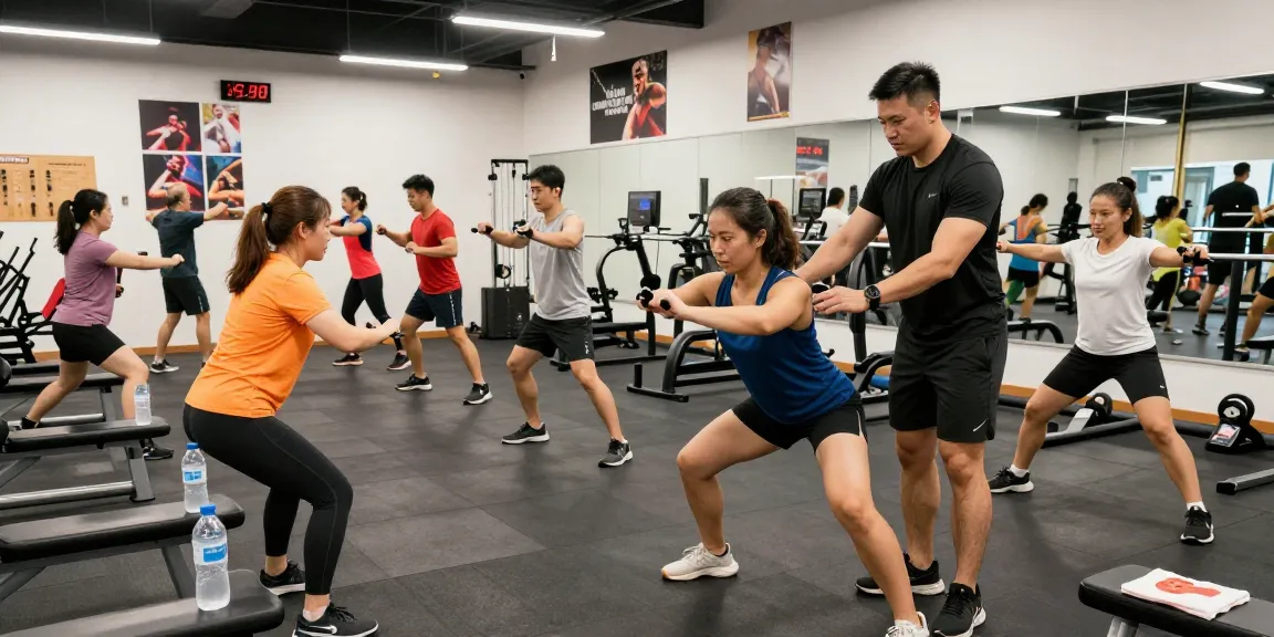 Beligas Shop: Active individuals training in a modern gym, showcasing diverse fitness routines and a vibrant atmosphere.