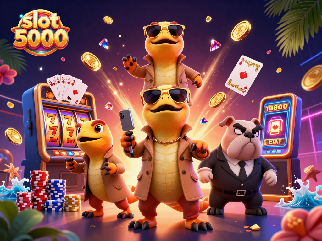Raptors in trench coats entering a VIP casino, showcasing slot 5000 jackpots and vibrant casino elements