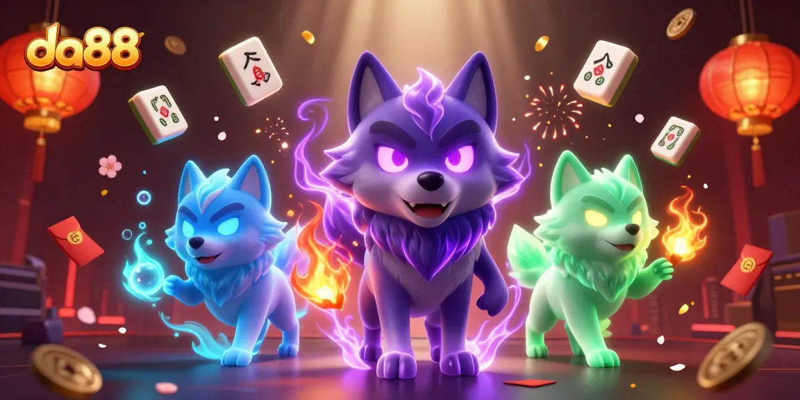 Experience da88's thrilling atmosphere with glowing ghostly wolves and vibrant casino elements.