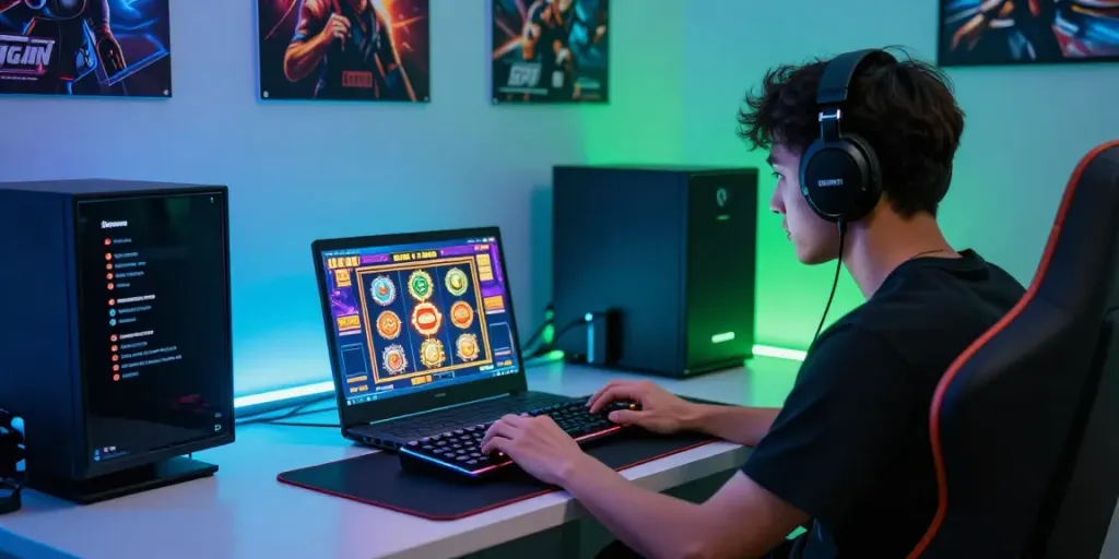 Permainan slot server Thailand yang mengasyikkan ditampilkan di layar laptop gamer dengan aksesori gaming lengkap.