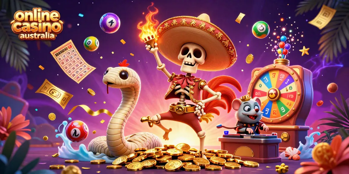 Experience thrilling moments at online casino Australia with a vibrant 3D illustration of a mariachi rooster and dynamic gaming elements.