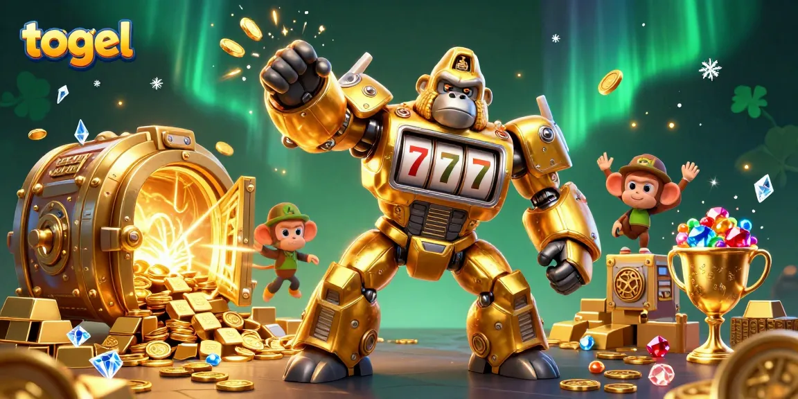 Engage in togel excitement with a detailed golden gorilla mech surrounded by treasures.