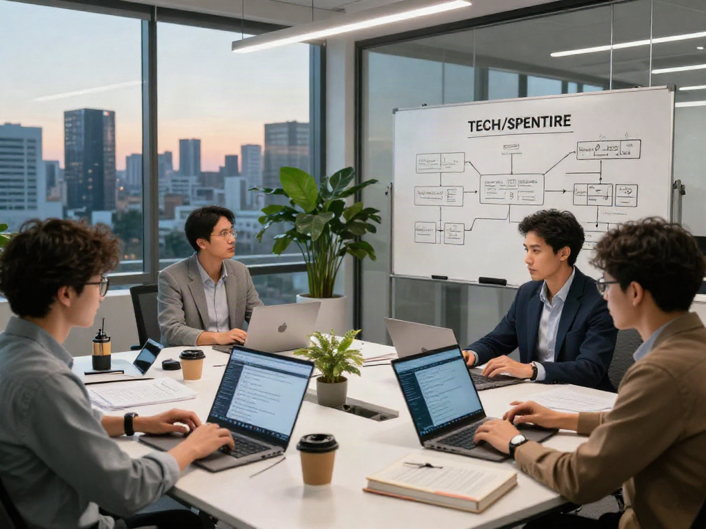 Data analysts collaborating on document fraud detection software in a modern office environment.