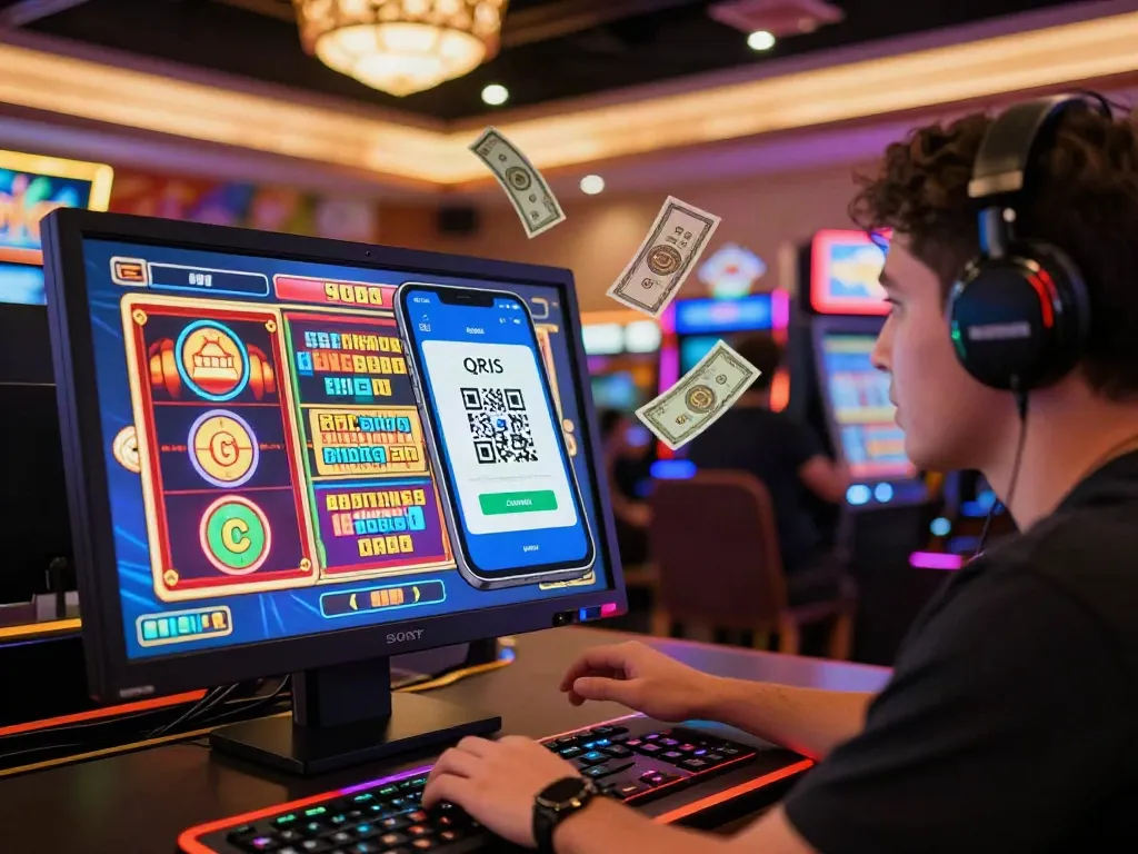 Exciting online gaming scene featuring a player using slot qris payment option on a computer.