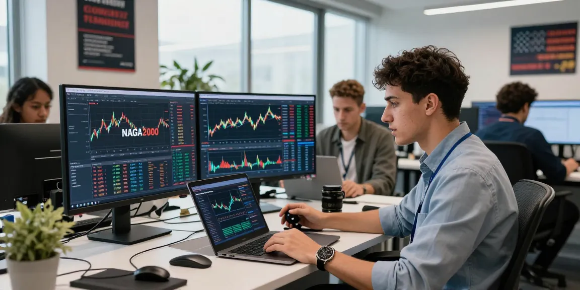 NAGA2000 trading scene with diverse traders analyzing market trends and data