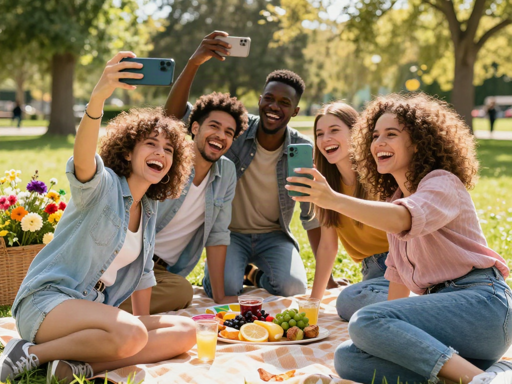Friends enjoying a sunny day, using an age estimation app to see how old do I look.