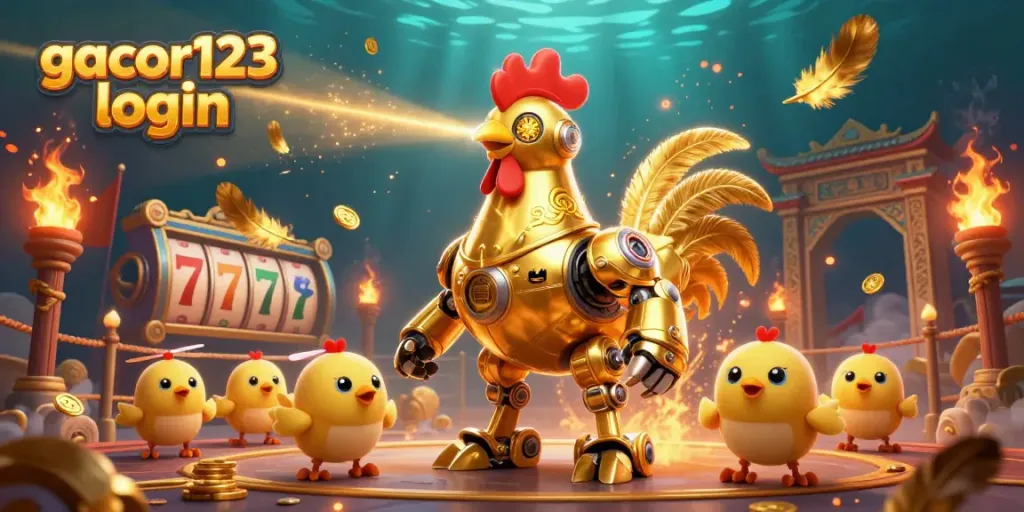 Engrave golden patterns with gacor123 login on 3D rooster robot, amid a dynamic casino scene.