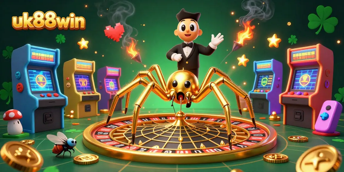 Bet with uk88win: a colorful scene featuring a golden roulette wheel and quirky characters in action.