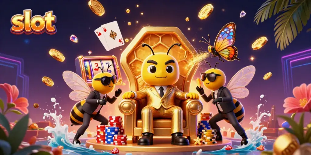 Engage in slot action with colorful casino characters amidst a vibrant backdrop.