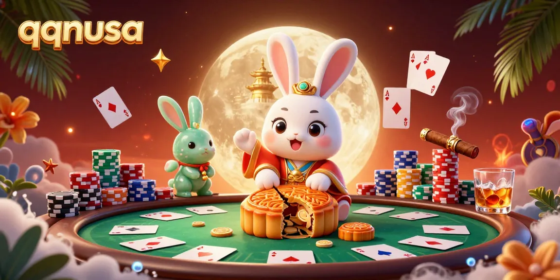 Experience the excitement of qqnusa with a dynamic illustration of a moon rabbit and poker elements.