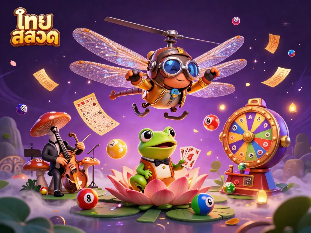 Experience thrilling plays at ไทย สล็อต with vibrant visuals of a dragonfly pilot and a frog dealer.