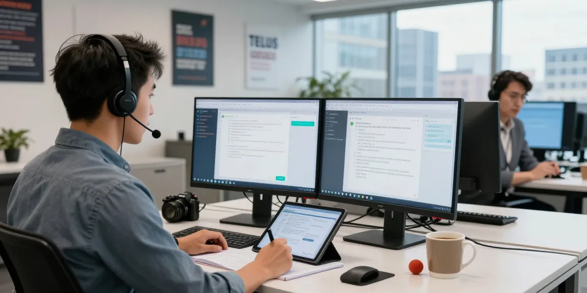 Customer service rep providing Telus-Technical-Support in a modern office.