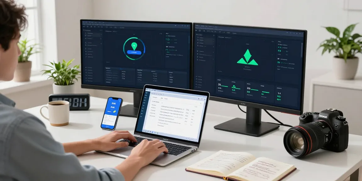 Person using the 快连 acceleration platform in a modern home office with tech accessories.