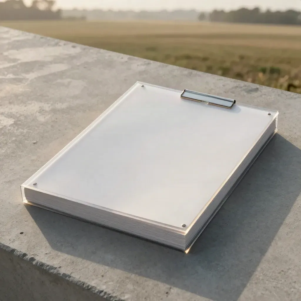 Overhead PCT review pack with blank sheets, acetate cover, and silver clip on cool concrete.