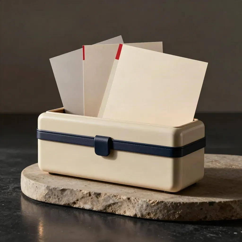 Ivory patent bundle case slides on stone under cool rim light, with navy band and red accent.