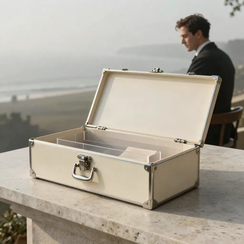 Ivory patent search dossier box with silver clasp, sleeves and acetate dividers on travertine in sea mist.