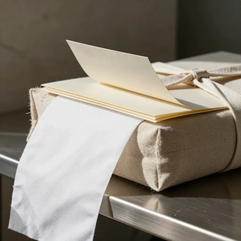 Macro of a linen-wrapped patent validation pack with cream folder and vellum sleeve on pewter.