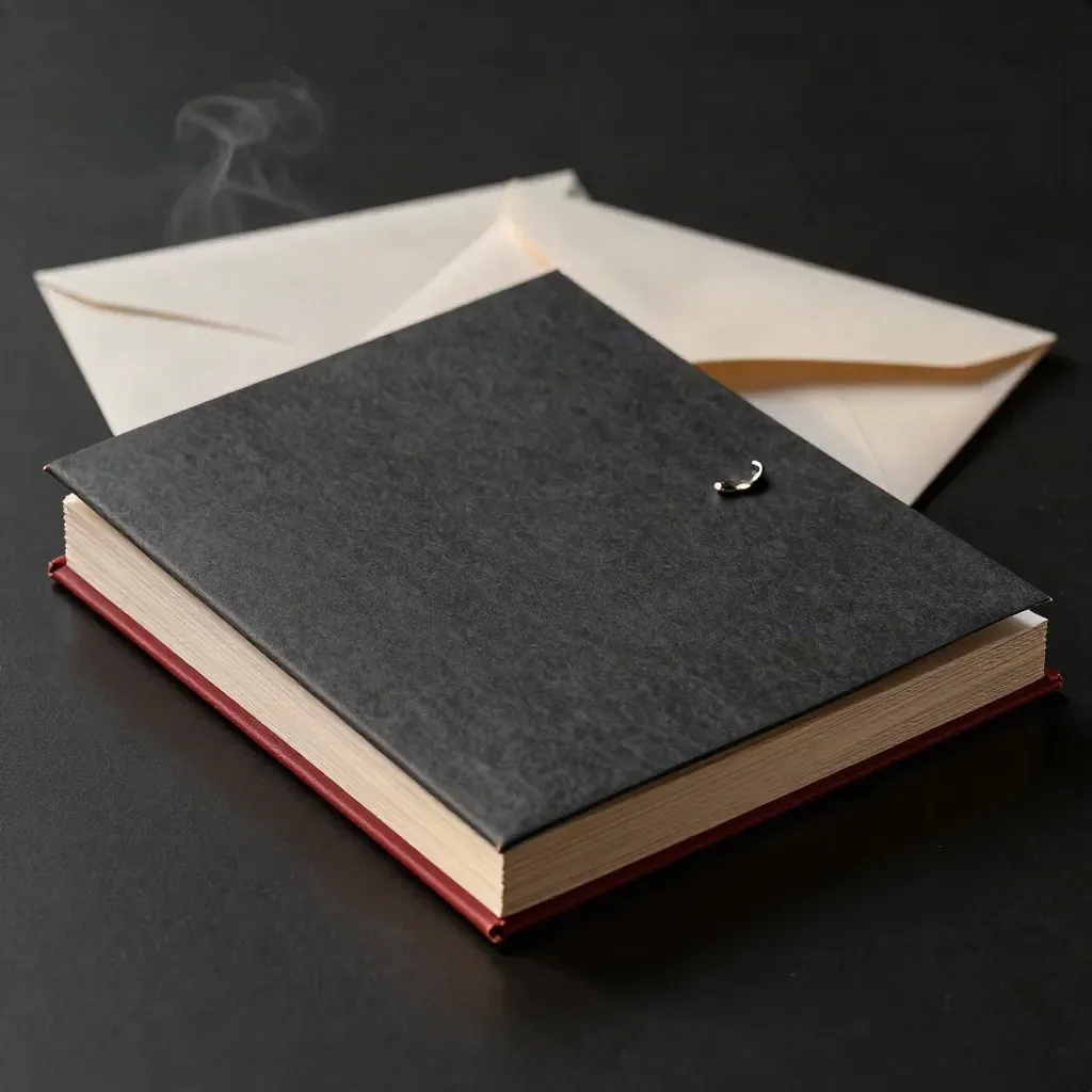 Dark graphite reply dossier with red edge, blank envelope and metal clip on a matte-black surface.