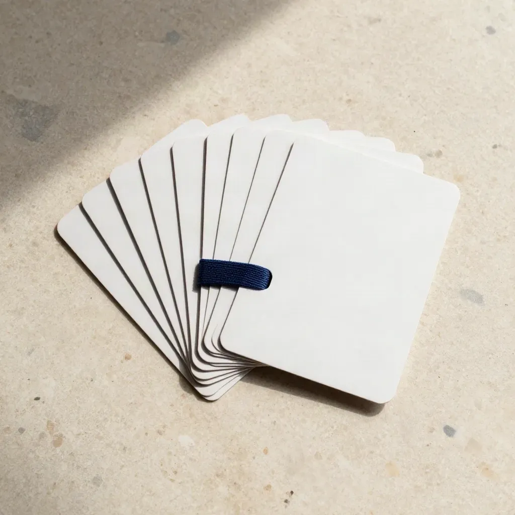 Overhead flatlay of a startup strategy pack with cards, sleeve, and navy loop on travertine.