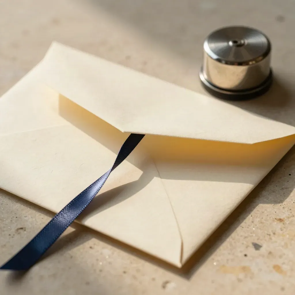 Macro of a cream licensing memo packet with navy ribbon and pewter paperweight on stone.