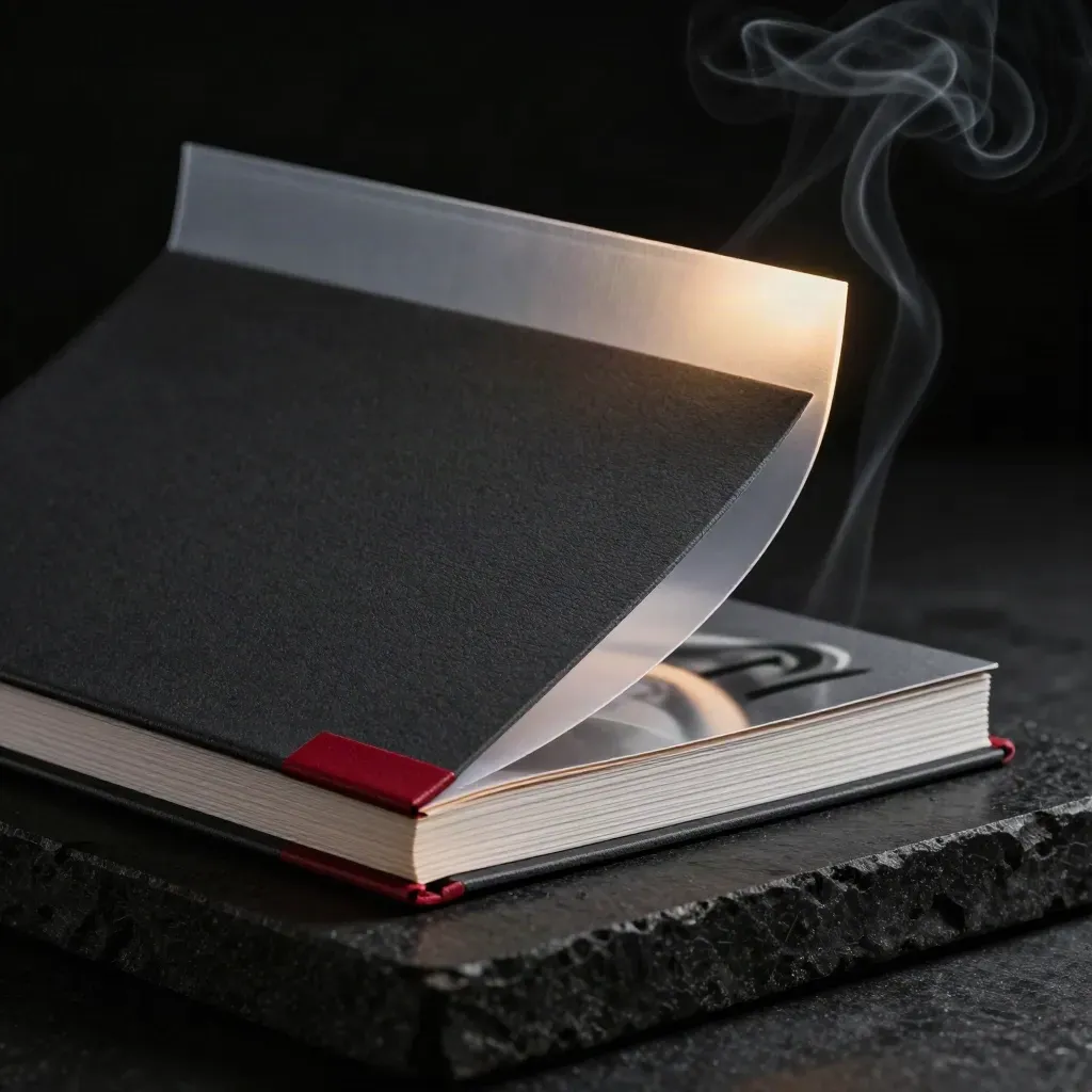Charcoal patent dossier with red tab and lifting translucent sleeve in dramatic dark light