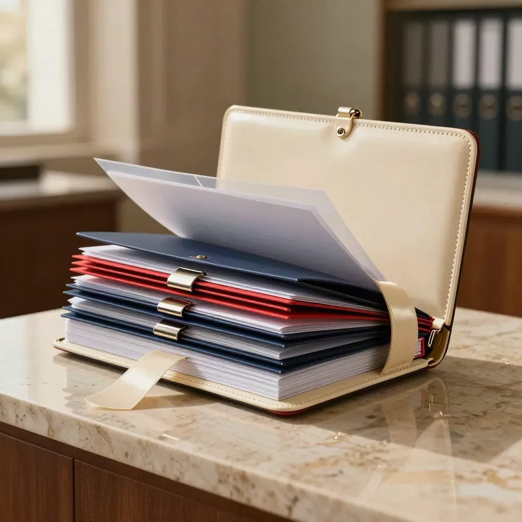 Ivory filing bundle with navy folders and red-edged cards bursting on travertine