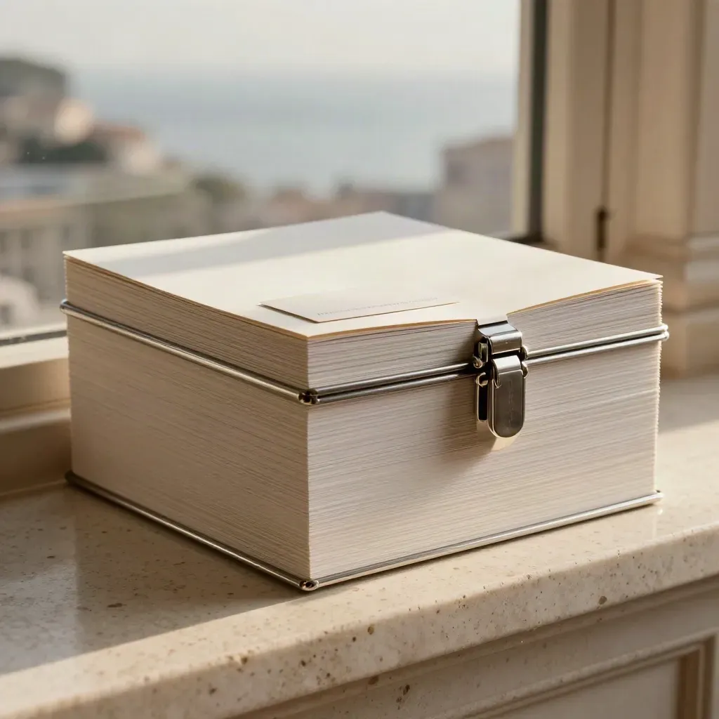 Slim patent review case with stacked sleeves and silver clasp on travertine in soft daylight.