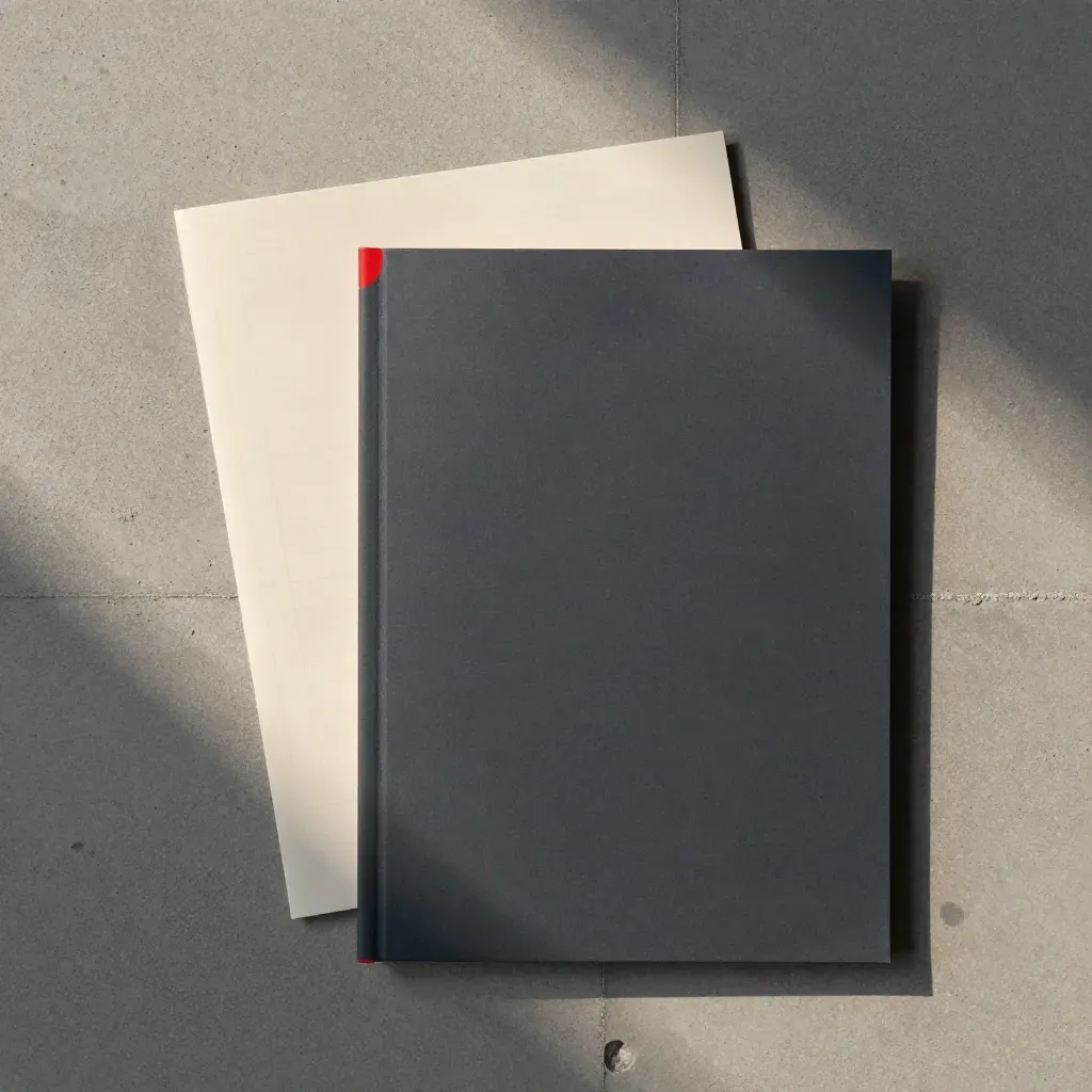 Overhead flatlay of a dark memo pack with pale sleeve and red tab on concrete