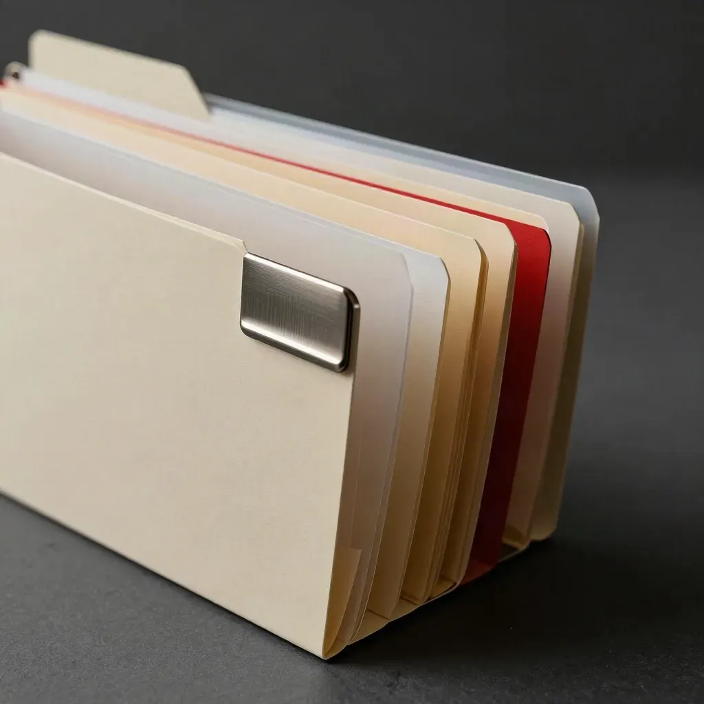 Five blank folders with a clear sleeve and silver clip, fanned on a dark slate surface.