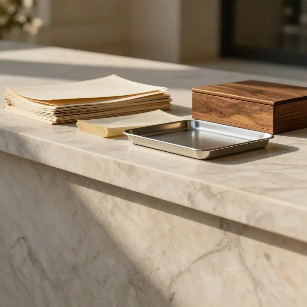 Marble terrace with archive folios and a brushed-metal tray in soft late-morning light.