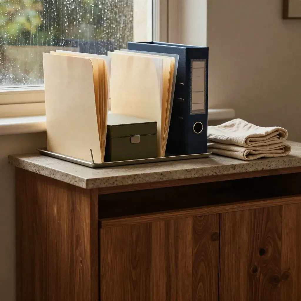Walnut legal interior with limestone shelves and blank filing folders in soft rain light
