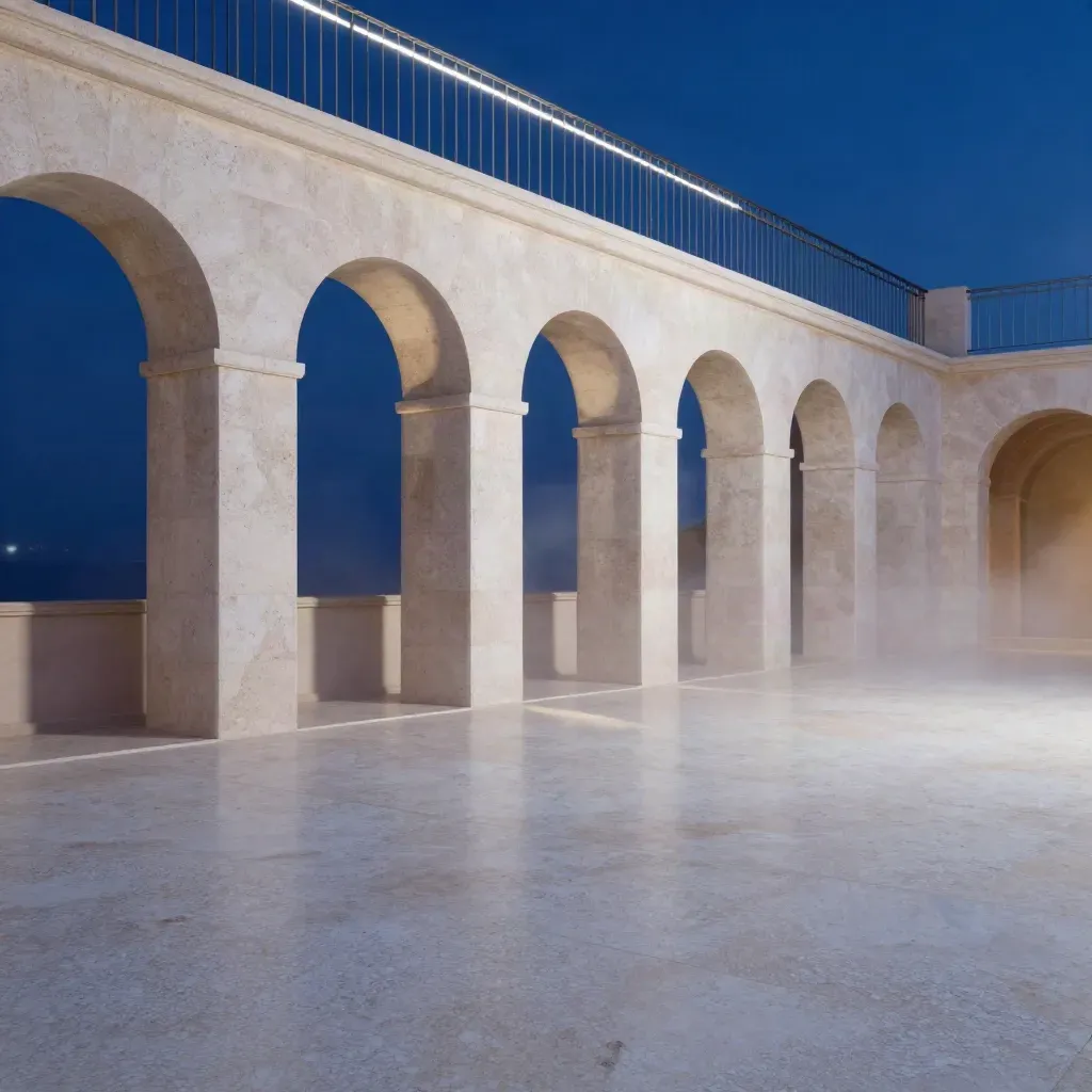 Pale stone arcade in blue-hour light with brushed steel and calm copy space below
