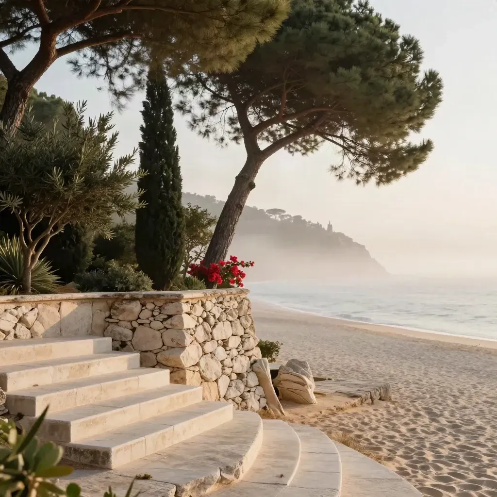 Misty coastal garden with limestone, pines, and a calm sea horizon at sunrise.