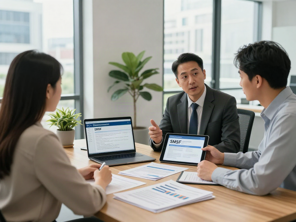Couple consulting about SMSF set up with a financial advisor in a modern office.