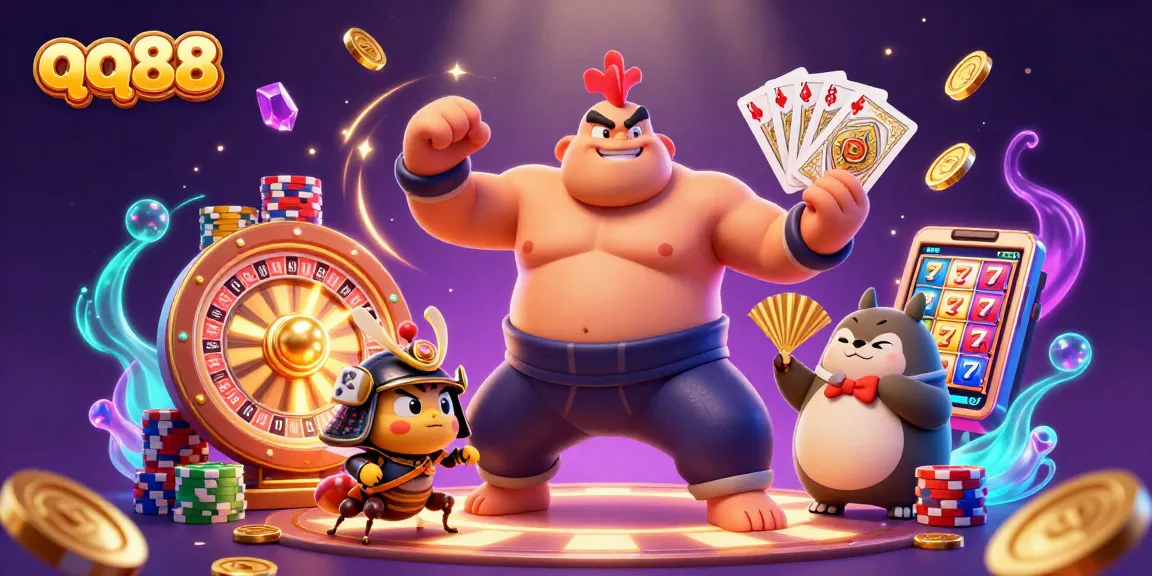 Engage with thrilling qq88 casino action, featuring characters and gaming elements in a dynamic 3D scene.