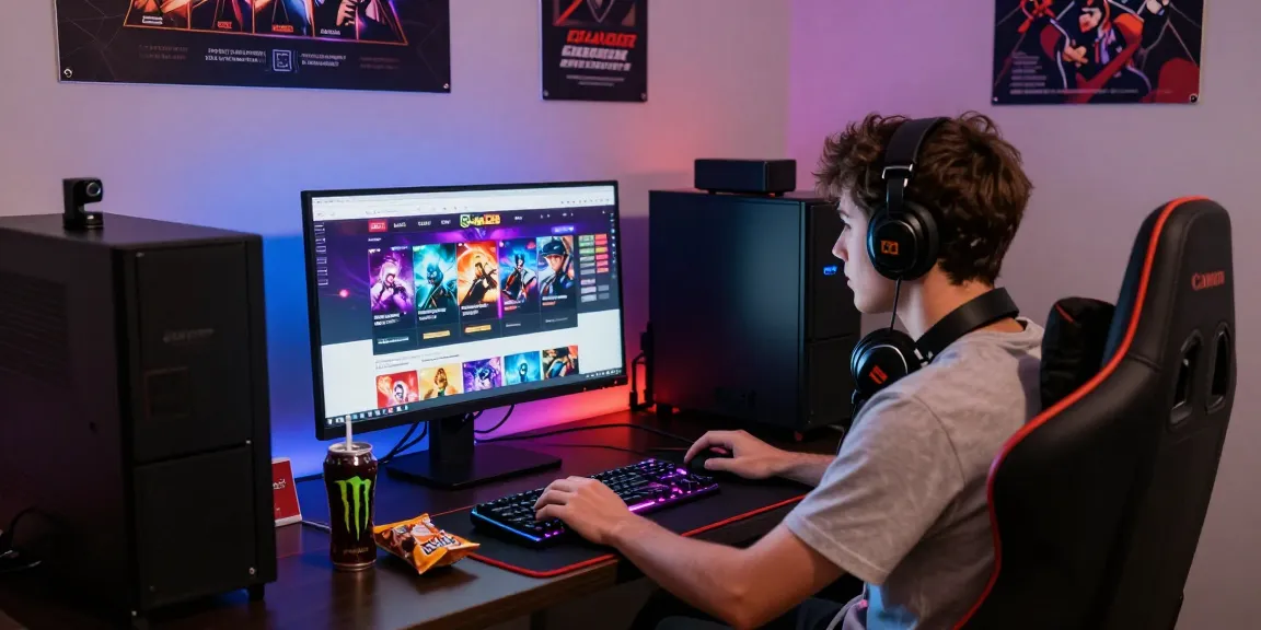 Engaged user exploring situs raja328 online gaming platform at home with snacks and vibrant lighting.