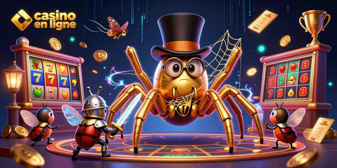 Profitez des jeux de casino en ligne avec une illustration captivante d'une araignée en or et d'un petit chevalier.