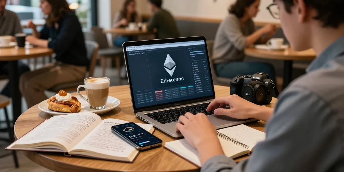 Funexchange crypto trading in a coffee shop with blockchain studies, showing laptops and digital wallets.