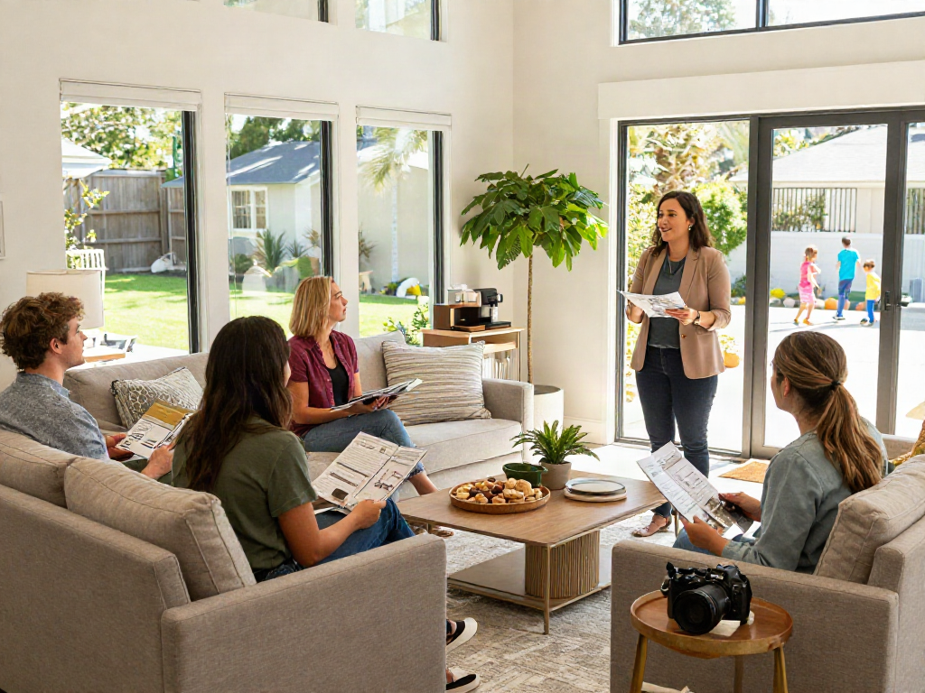 Welcoming real estate open house showcasing a modern home with engaging realtor, visitors exploring, and bright ambiance featuring depo 10k.