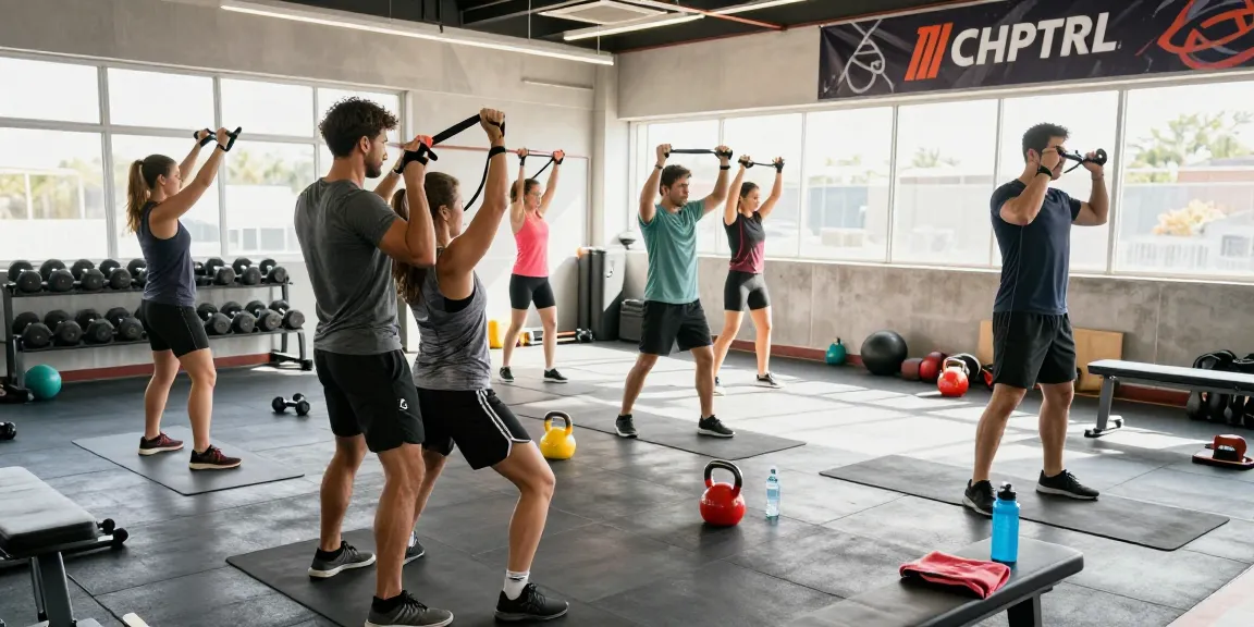 Active individuals training at a modern gym promoting the Deus Medical Shop for quality supplements.