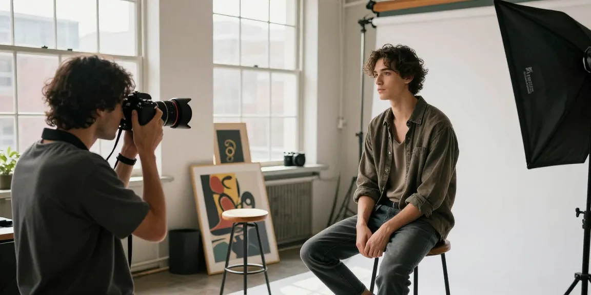 Portrait dynamique d'un Fotografo di ritratto Milano dans un studio artistique, capturant la beauté et l'expression personnelle.