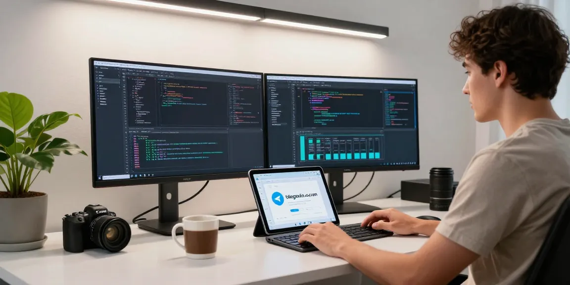 Developer at modern desk coding for telegramin-cn.com with high-tech gadgets in a bright workspace.