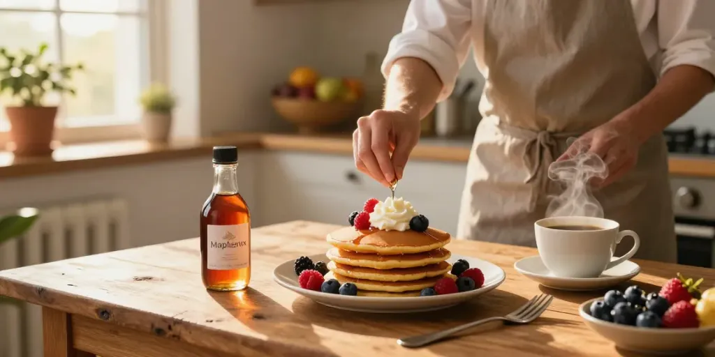 Maplelixir featured in a breakfast scene with pancakes and fresh fruits