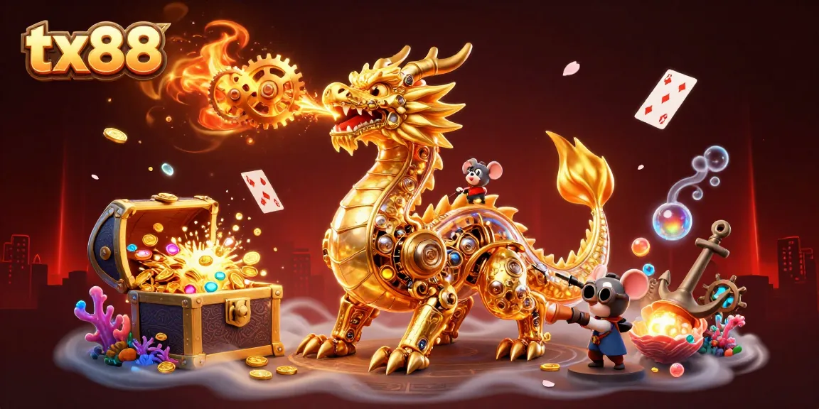 Experience casino excitement with tx88 as a golden dragon breathes gears amidst gems and glowing treasures.