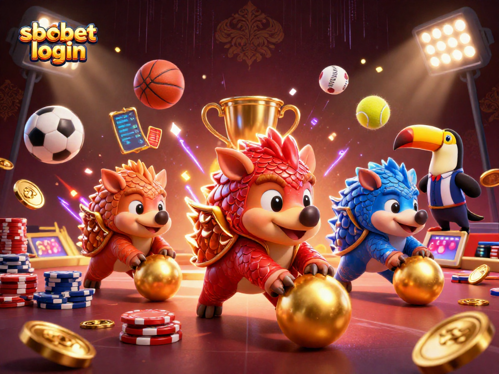 Experience sbobet login excitement with rival pangolins in a vibrant 3D casino scene.