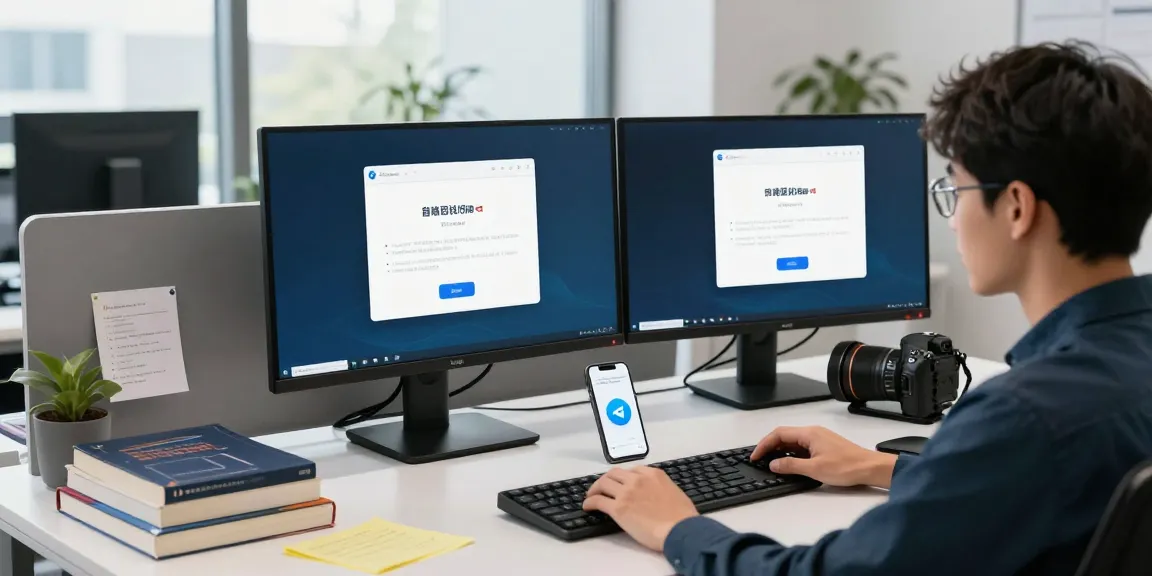 Step-by-step telegram china install guide in a tech workspace with dual monitors, smartphone, and coding materials.